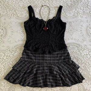 y2k preppy girly grunge black, gray and pink plaid ruffle mini skirt